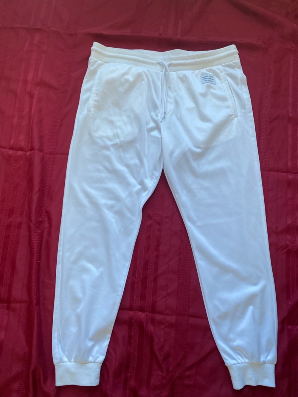 Joggers Guess Logo White Polyester Sweatpants Men’s Large Drawstring Tapered Fit